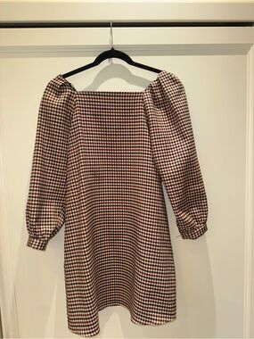 Zara Checked Square-Neck Mini Dress in Brown and Cream